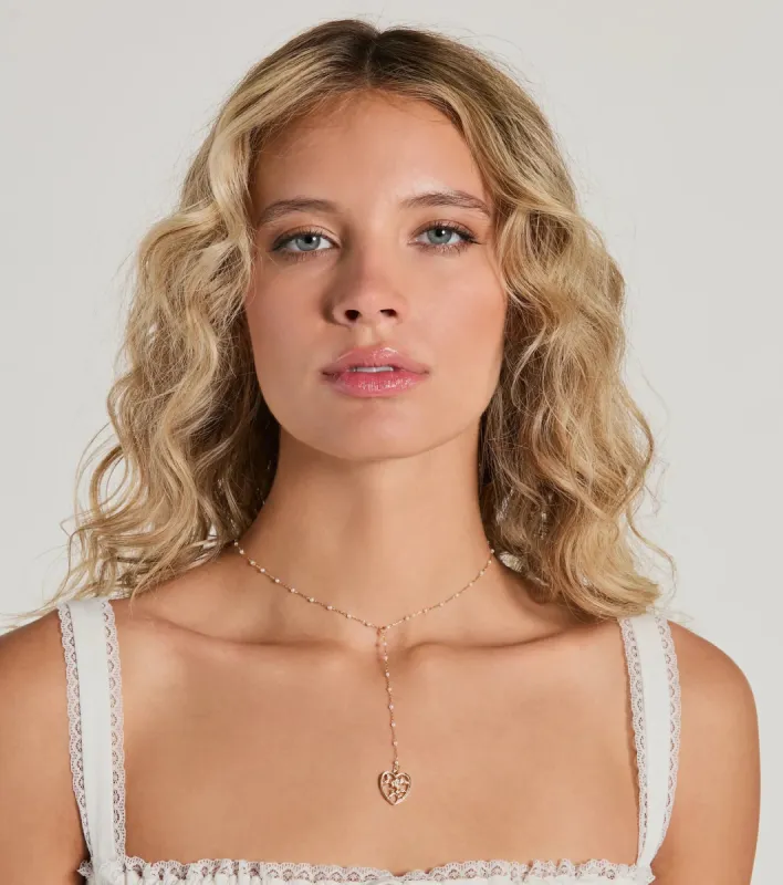 Way To My Heart Rhinestone Faux Pearl Lariat Necklace sold by Windsor