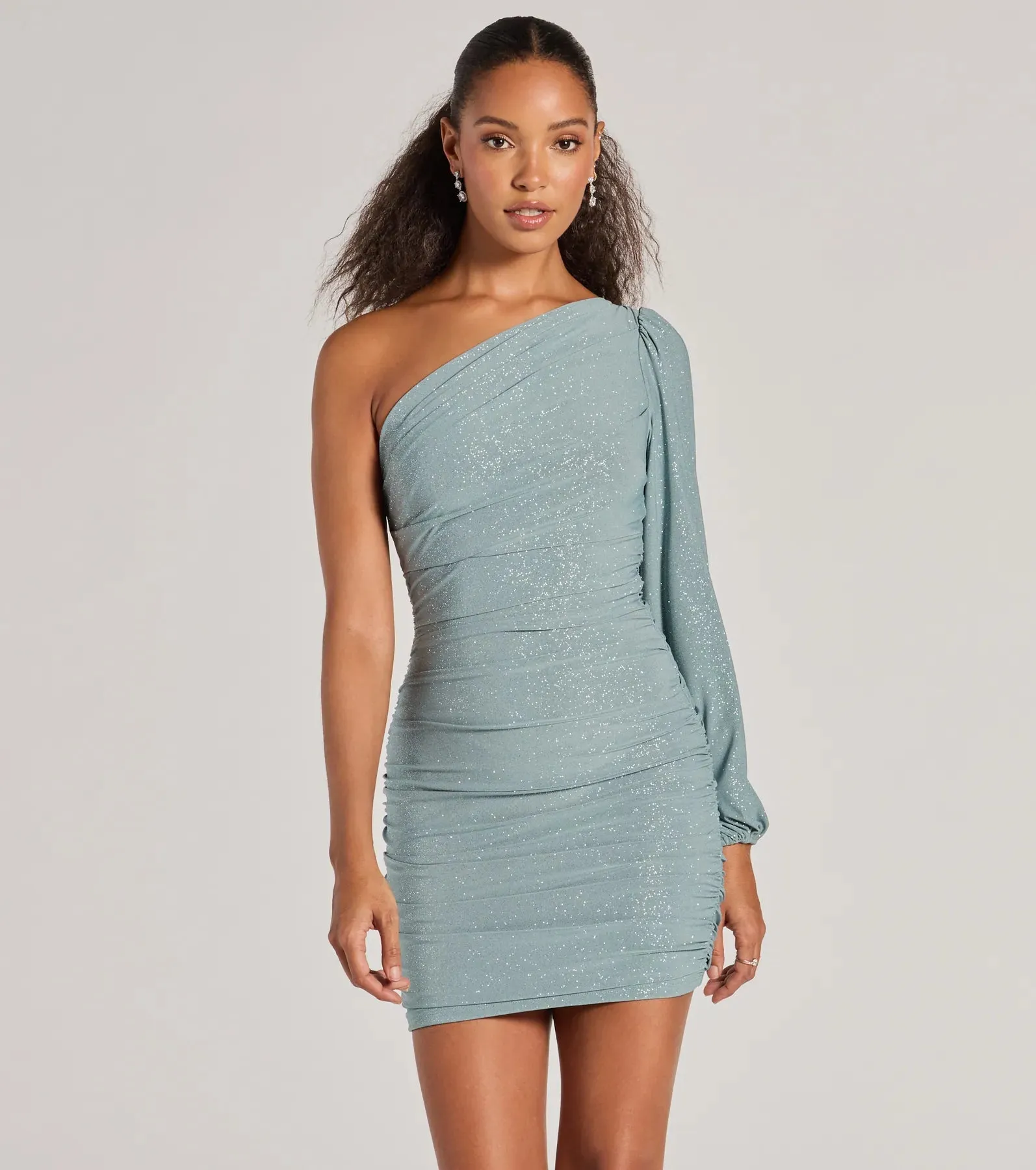 Glitzy Status One-Shoulder Glitter Knit Mini Dress sold by Windsor