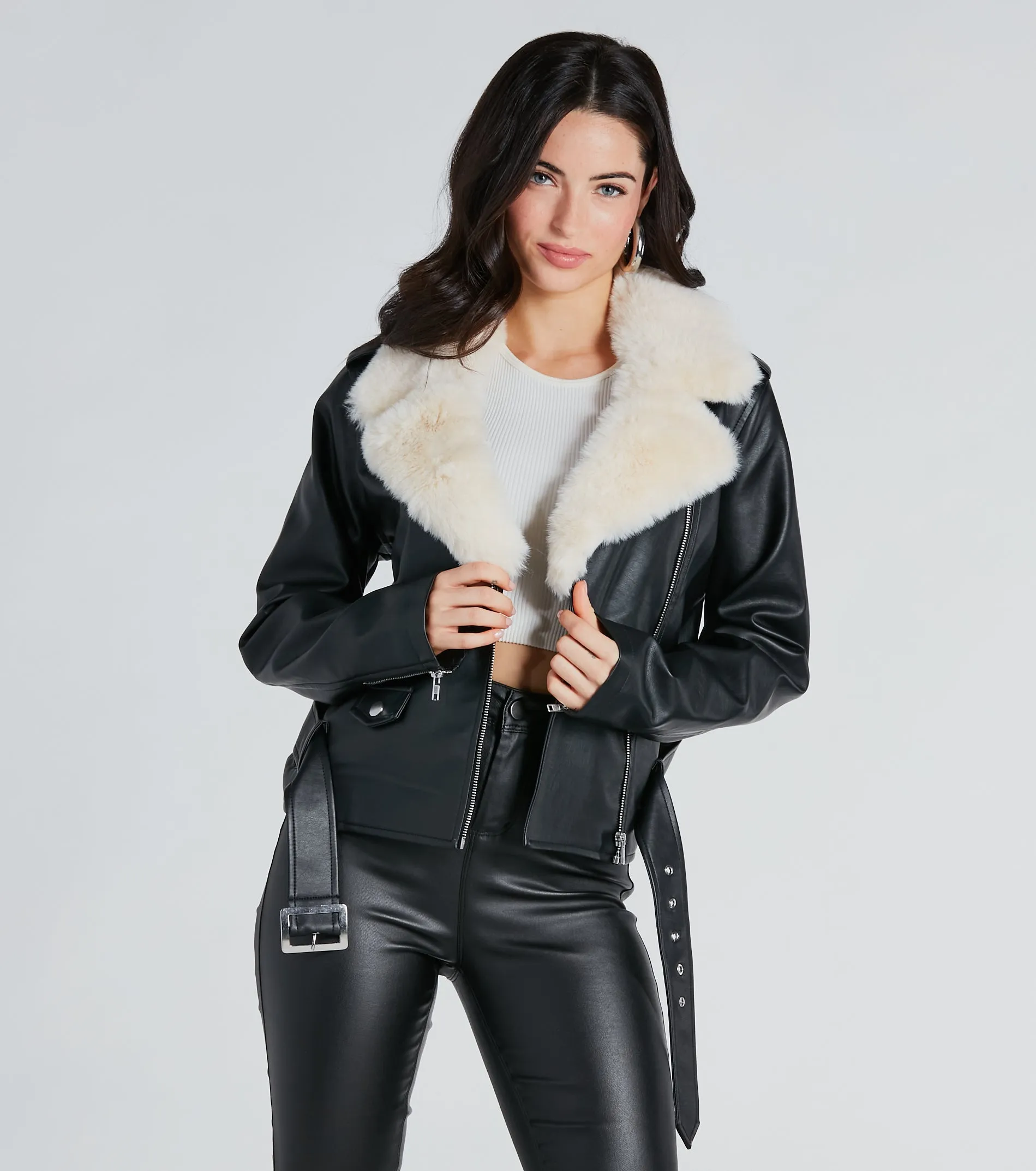 Always Elevated Faux Fur Trim Faux Leather Jacket sold by Windsor