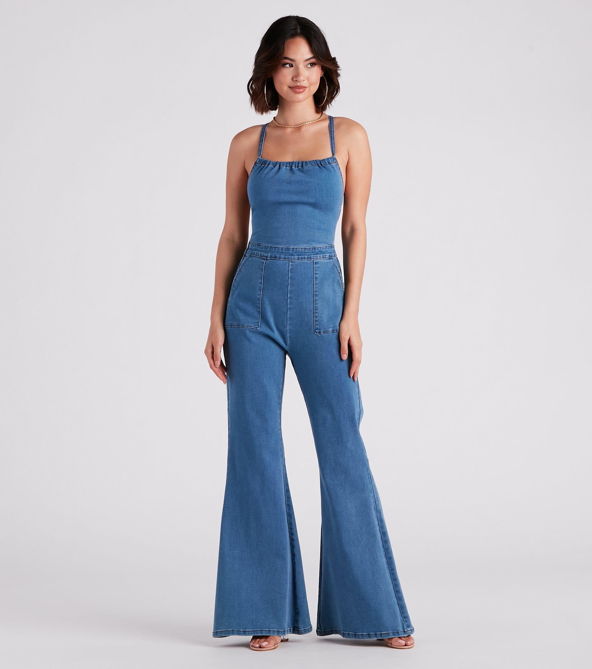 So Major Halter Lace-Up Denim Jumpsuit sold by Windsor