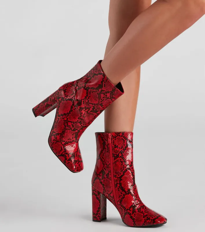 Make You Rattle Faux Leather Snake Booties sold by Windsor