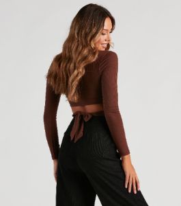 Trendy Tie-Back Long Sleeve Crop Top sold by Windsor