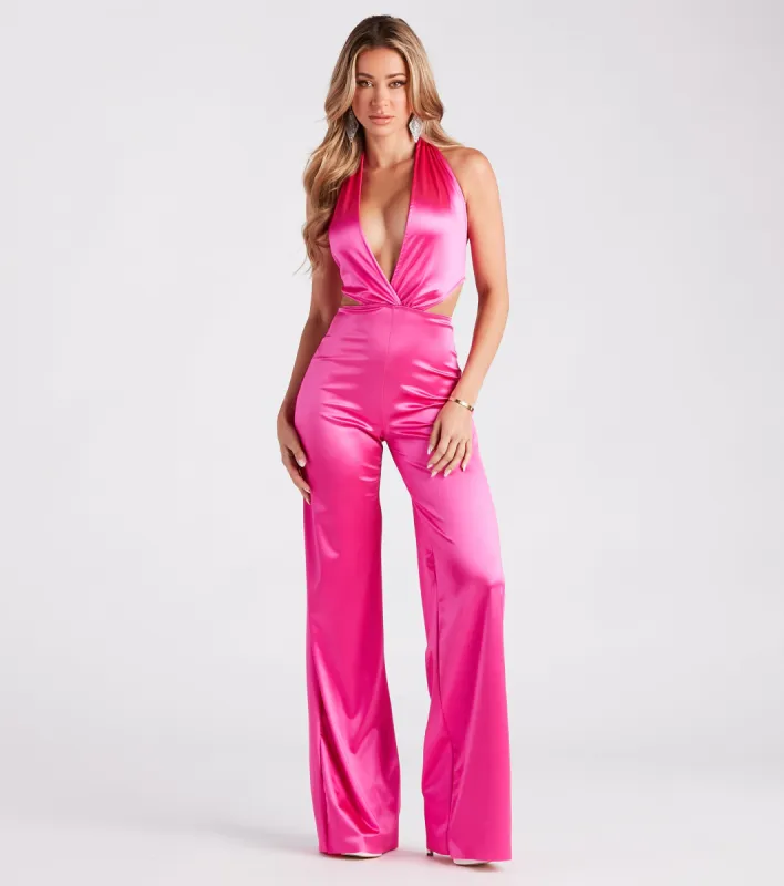 Heavenly Glow Satin Halter Open Back Jumpsuit sold by Windsor