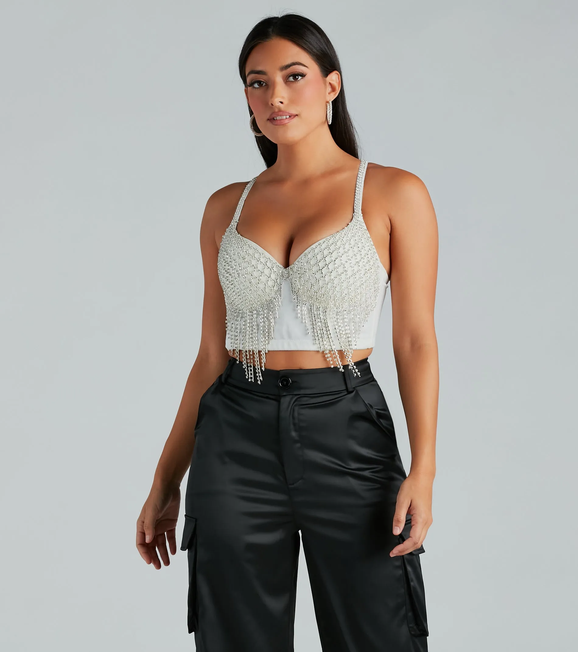 Glitzy Glamour Rhinestone Fringe Cropped Bustier sold by Windsor
