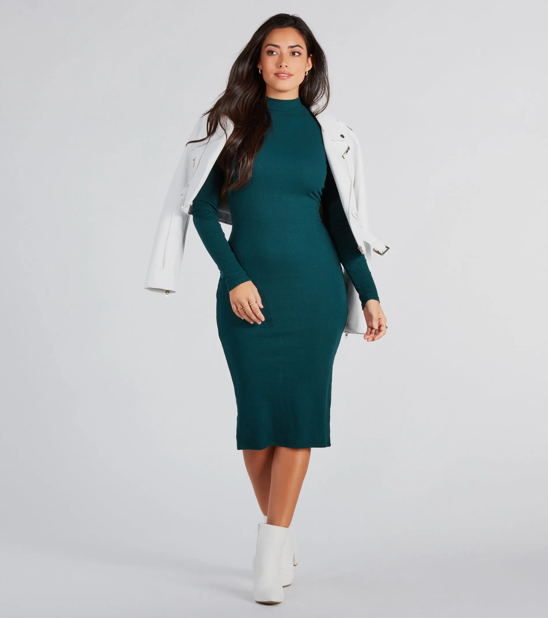 Good Looks Mock Neck Long Sleeve Midi Dress sold by Windsor