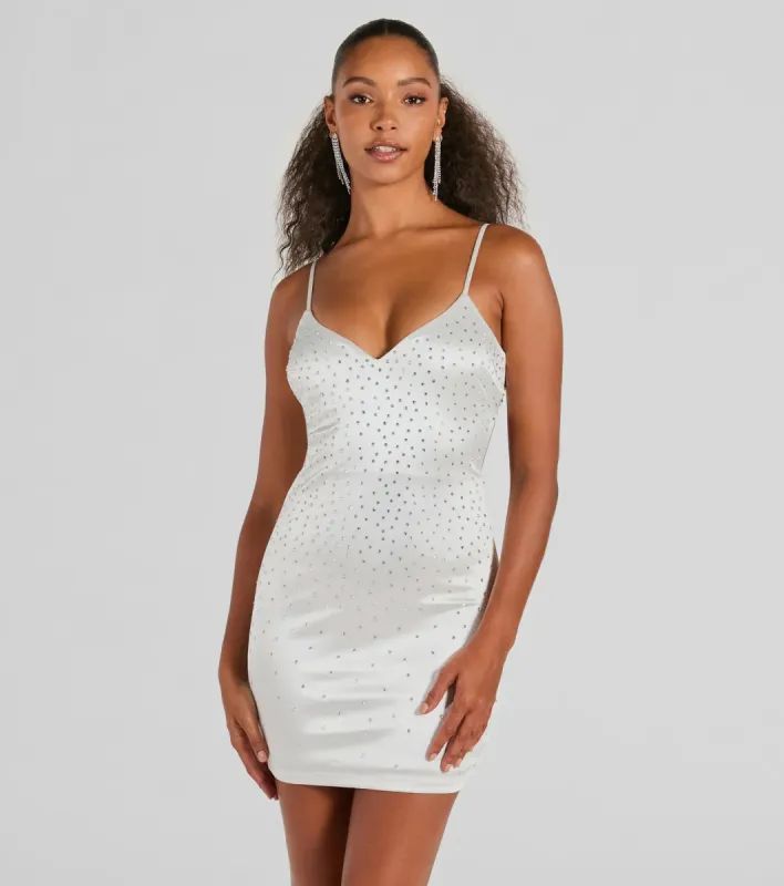 Shine Bright Babe V-Neck Rhinestone Satin Mini Dress sold by Windsor