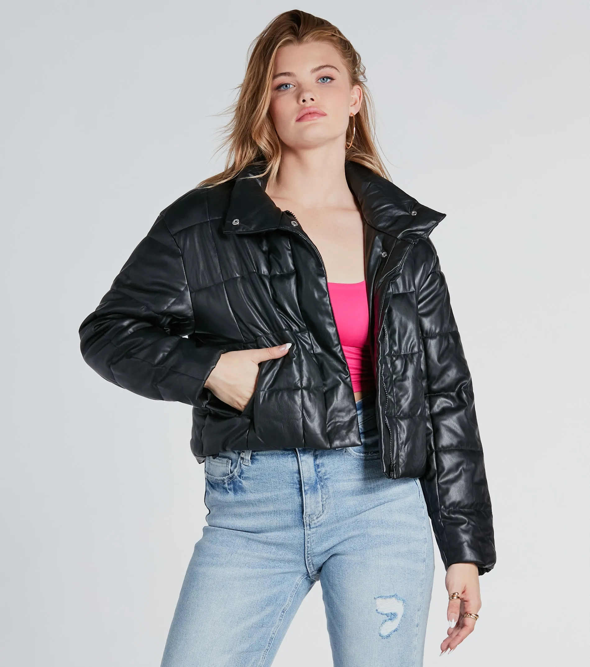 CLEARANCE - Sleek As Can Be Faux Leather Puffer Jacket sold by Windsor