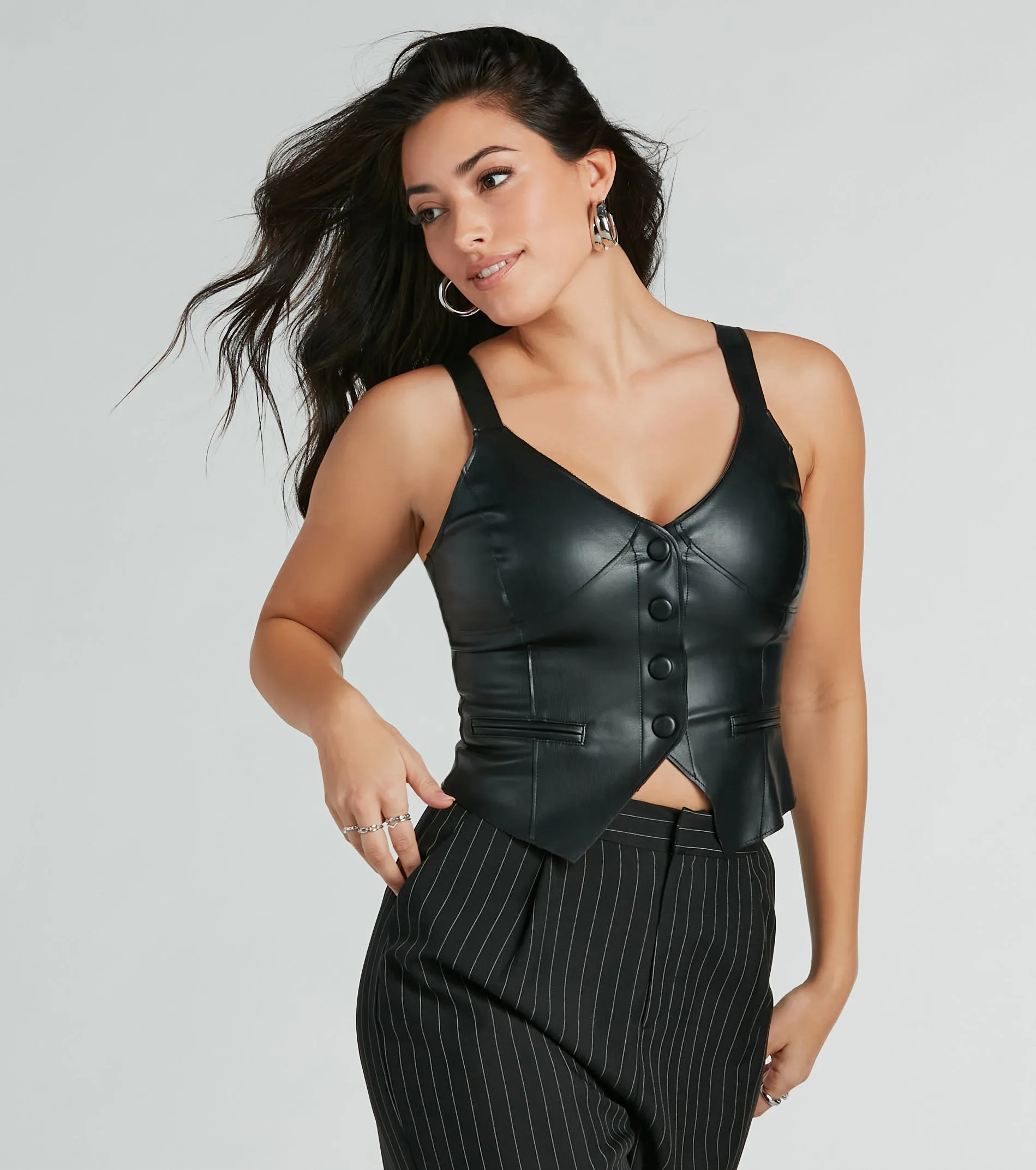 So Impressed V-Neck Button Faux Leather Vest sold by Windsor