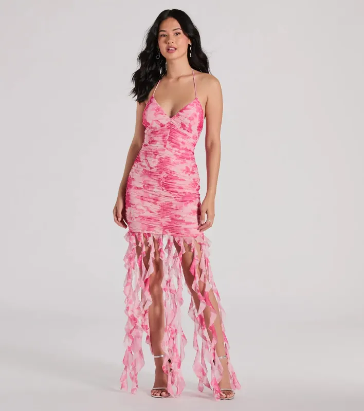 Belinda Halter Floral Rhinestone Ruffle Mini Dress sold by Windsor