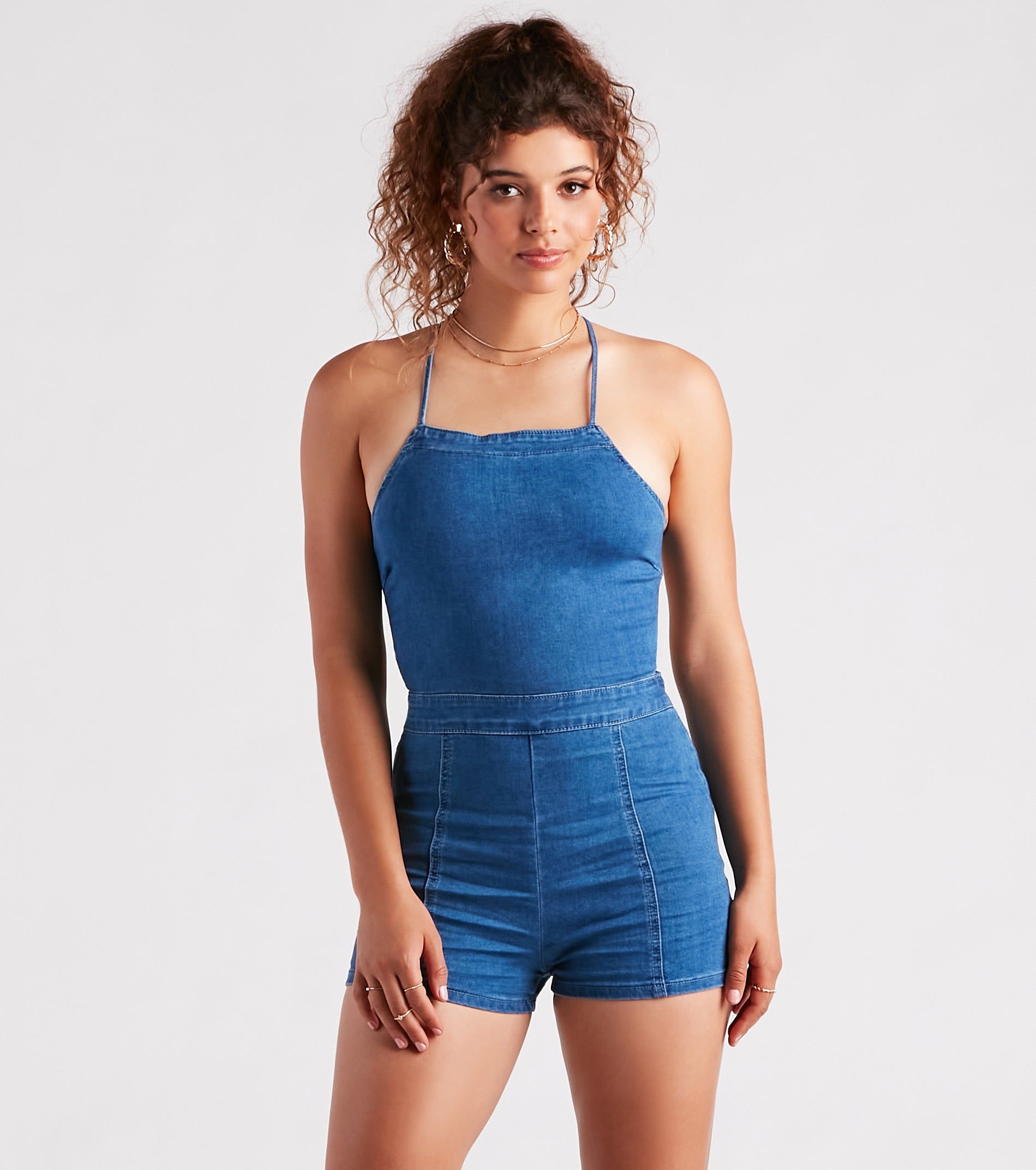 Playful In Denim Lace-Up Romper sold by Windsor product image thumbnail 2