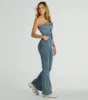Flirty Retro Strapless Flare Denim Jumpsuit sold by Windsor