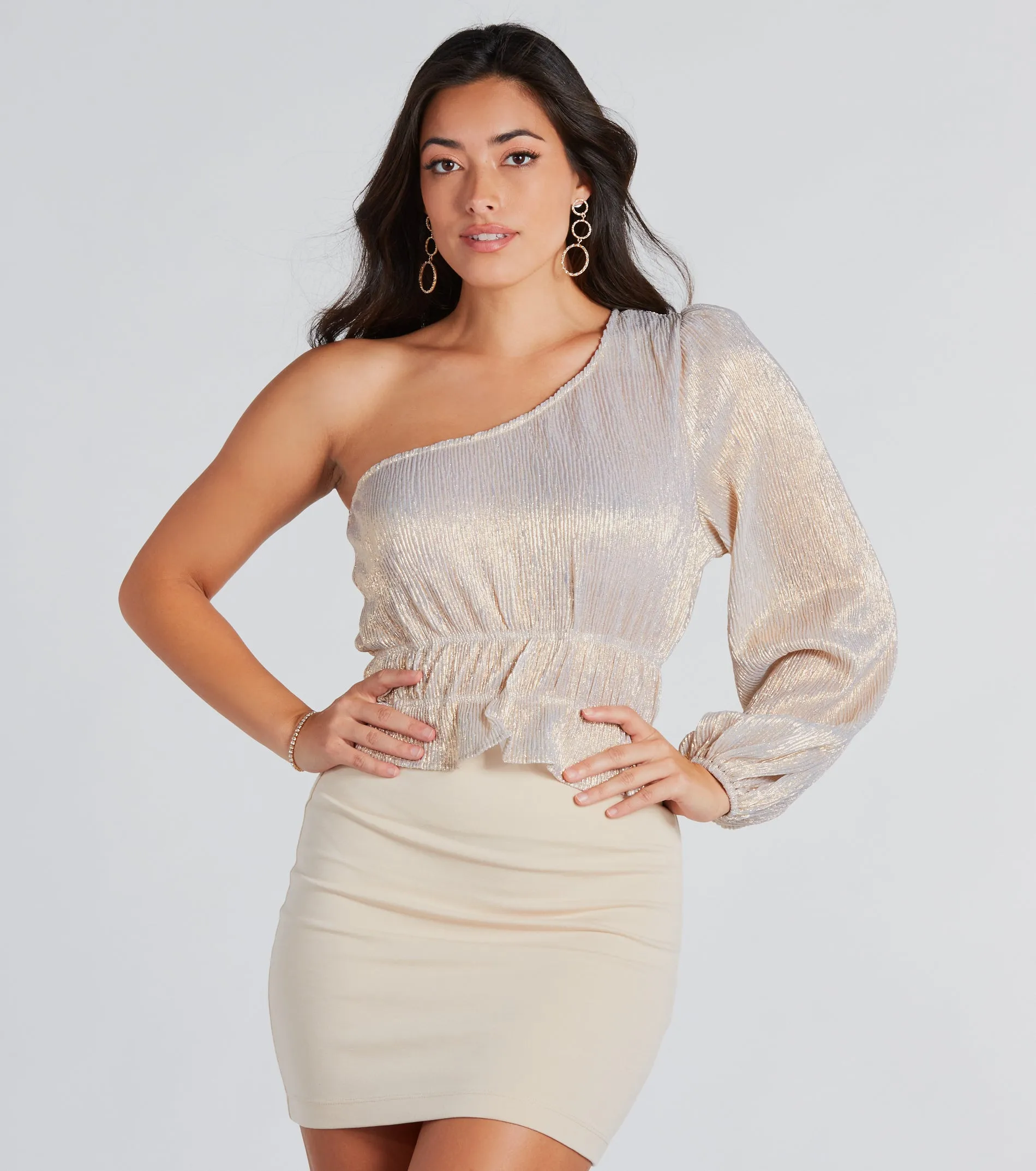 CLEARANCE - Luxurious Shimmer Metallic One-Shoulder Top sold by Windsor