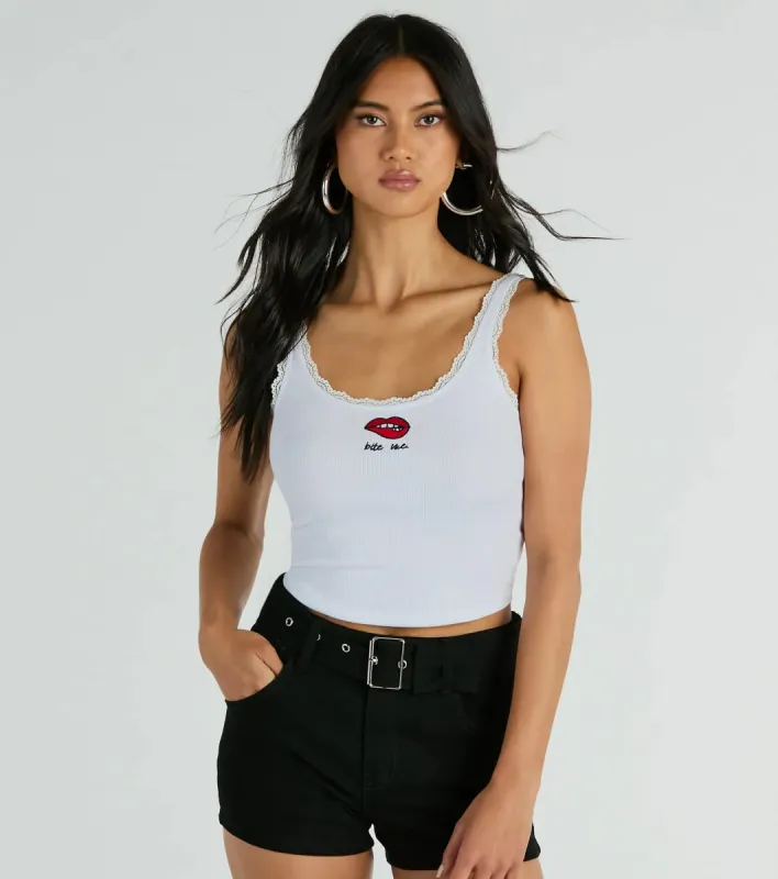 Bite Me Lace Trim Scoop Neck Crop Tank Top sold by Windsor