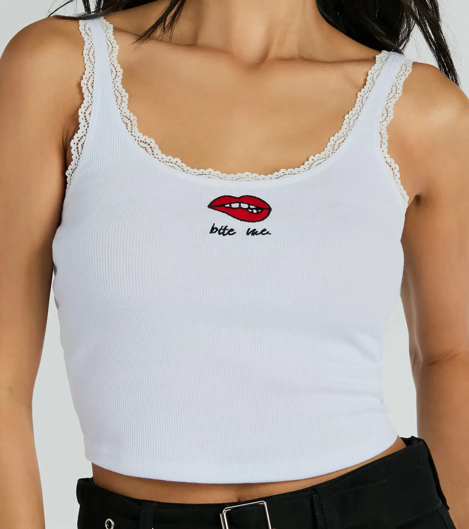 Bite Me Lace Trim Scoop Neck Crop Tank Top sold by Windsor product image thumbnail 4
