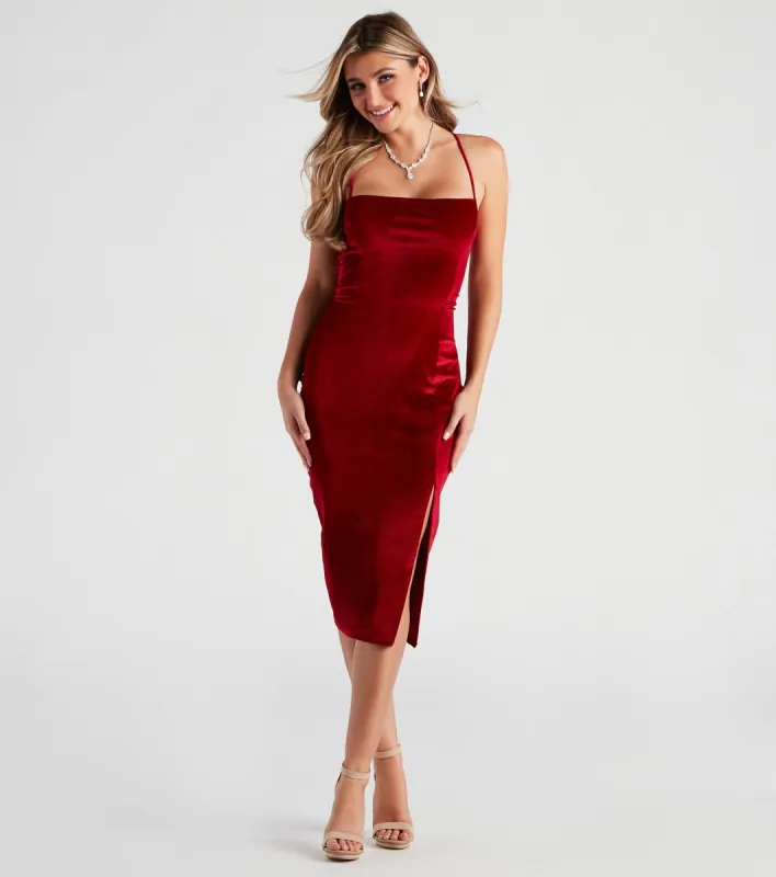 Kat Formal Velvet Slit Midi Dress sold by Windsor