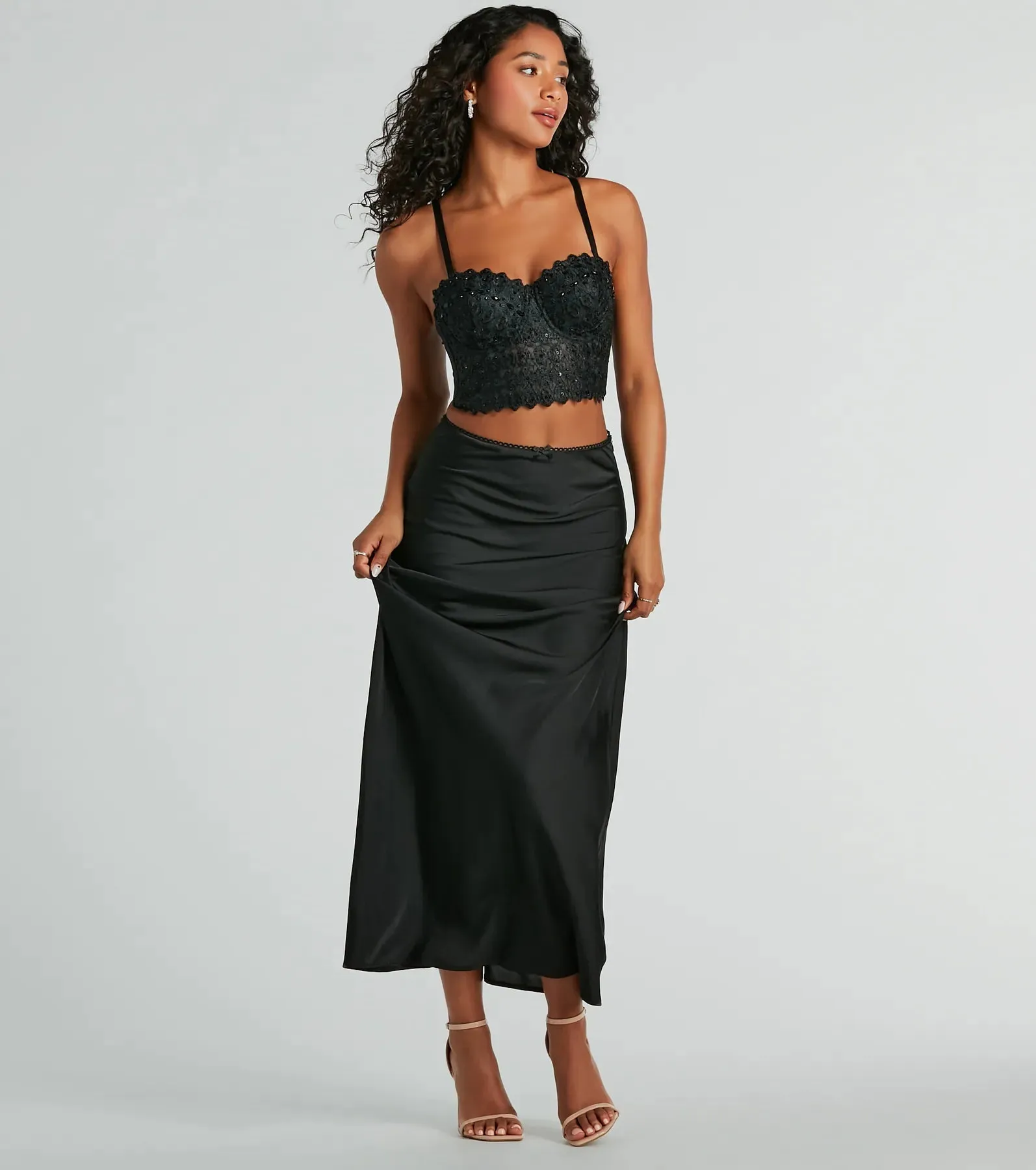 Beyond Classy High-Rise Bow Satin Maxi Skirt sold by Windsor