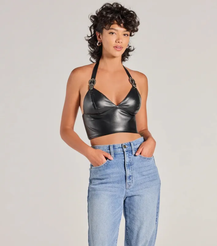 Bold Buckle Halter Strap Faux Leather Crop Top sold by Windsor