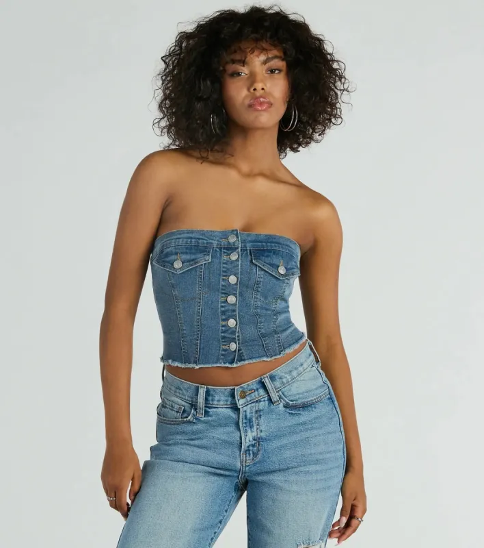 Keep It Chill Strapless Denim Crop Top sold by Windsor