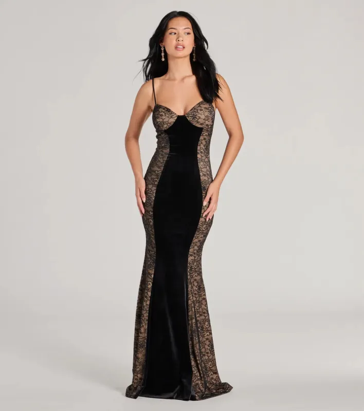 Dahlia V-Neck Mermaid Lace Velvet Formal Dress sold by Windsor