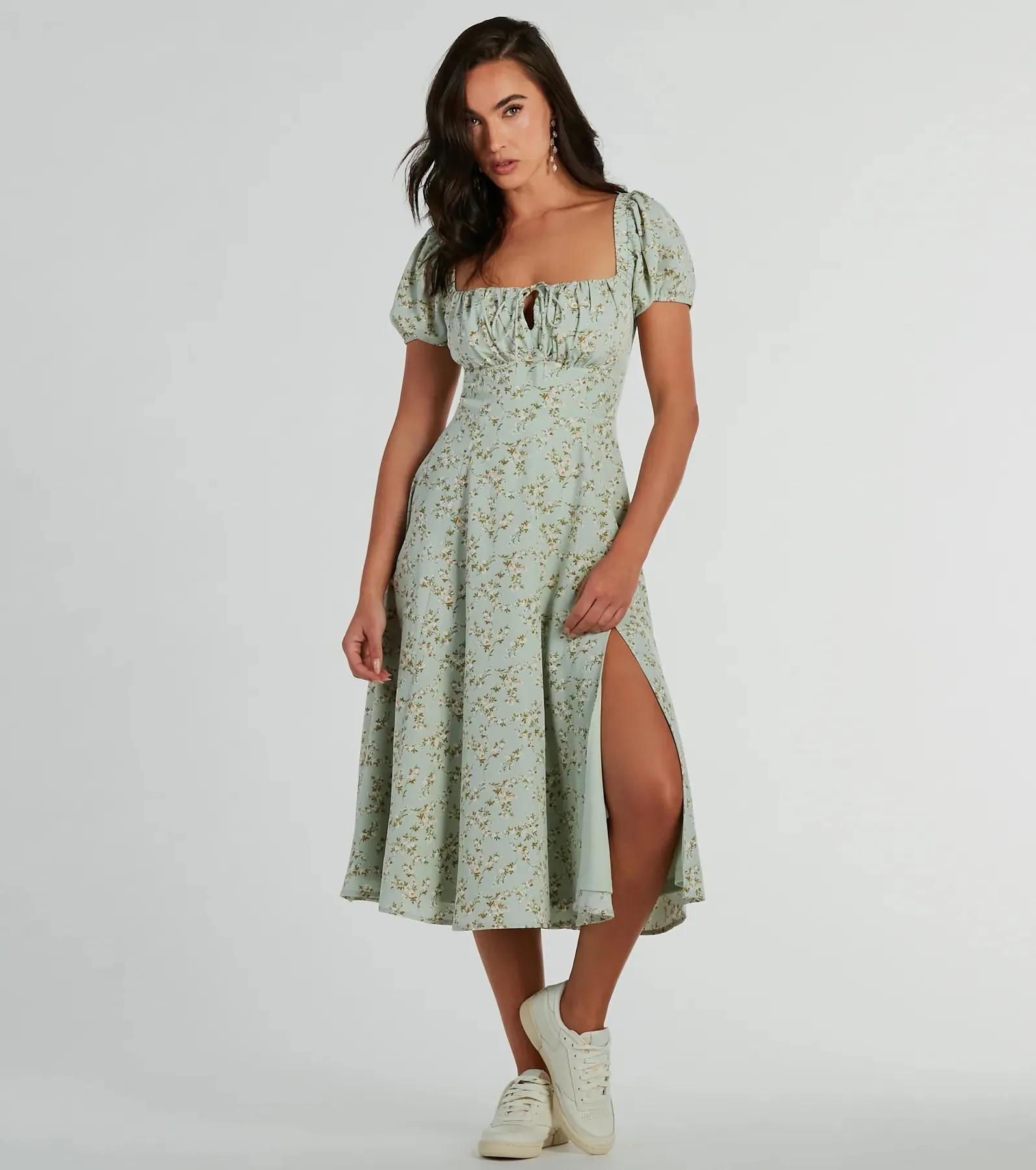 RSVP To Cute Ditsy Wildflower Tie A-Line Midi Dress sold by Windsor