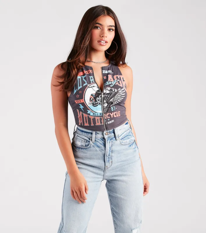 CLEARANCE - Fearless Racer Graphic Zip Tank Top sold by Windsor