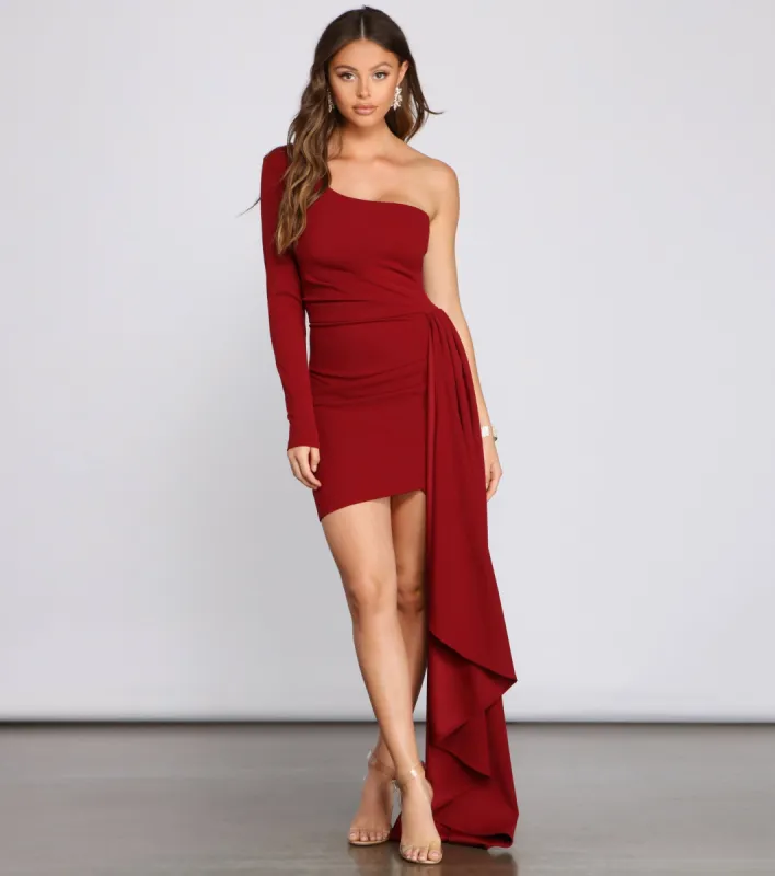 CLEARANCE - Emily One-Shoulder Pleated Asymmetric Mini Dress sold by Windsor