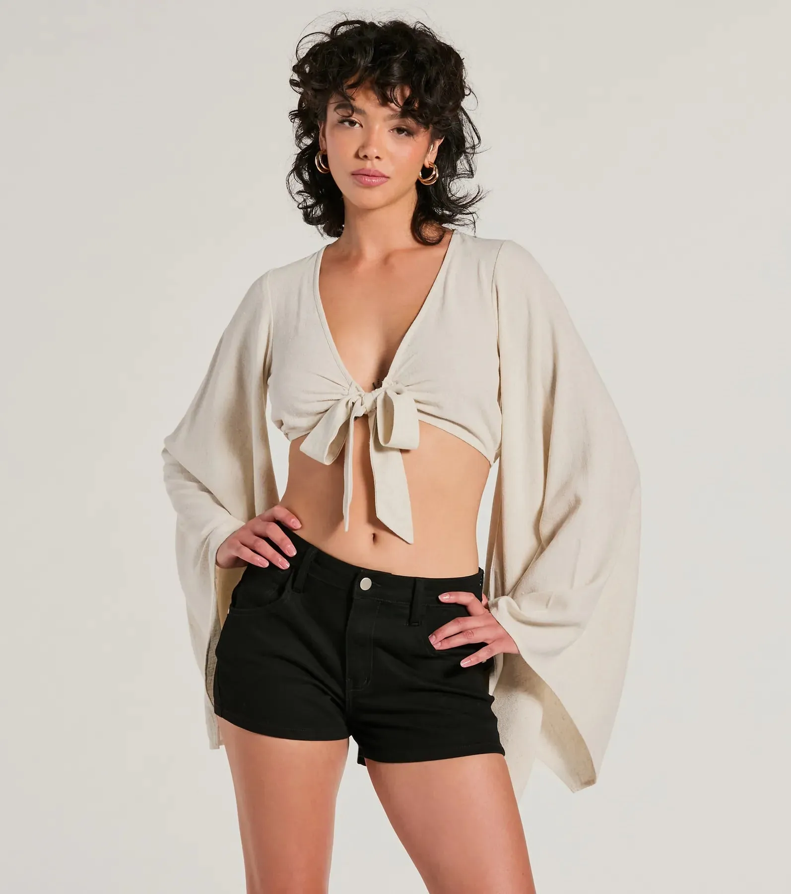 Breezy Energy Tie Front Long Sleeve Linen Top sold by Windsor