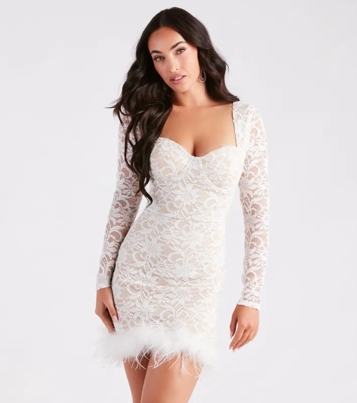 CLEARANCE - Natasha Lace Long Sleeve Feather Mini Dress sold by Windsor
