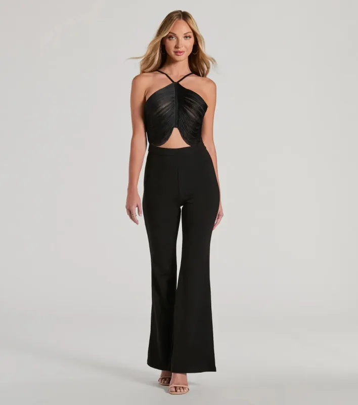 Step Up Draped Fringe Halter Cutout Jumpsuit sold by Windsor