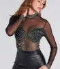 Rising Star Rhinestone Mock Neck Mesh Bodysuit sold by Windsor