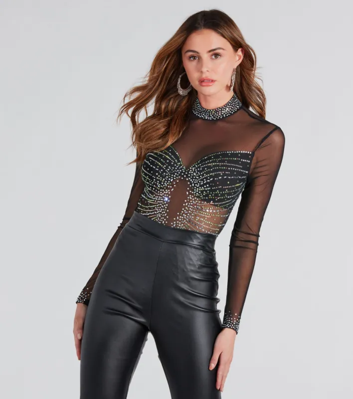 Rising Star Rhinestone Mock Neck Mesh Bodysuit sold by Windsor