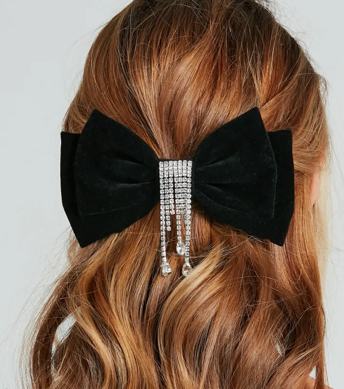 Luxe Velvet Bow Hair Clip With Rhinestone Fringe sold by Windsor