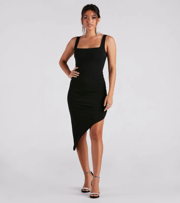 Sophisticated Hour Crepe Asymmetrical Midi Dress sold by Windsor
