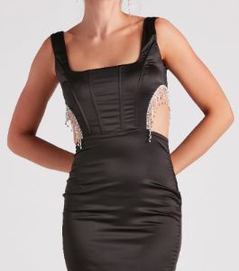 Glam Stunner Rhinestone Trim Satin Mini Dress sold by Windsor