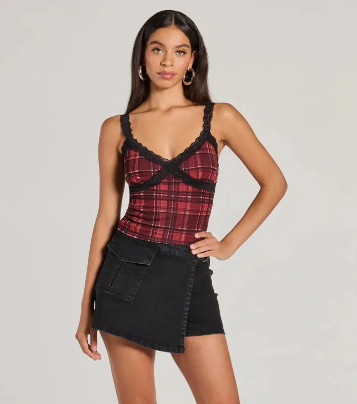 Check Me Out Lace Trim Plaid Crop Top sold by Windsor