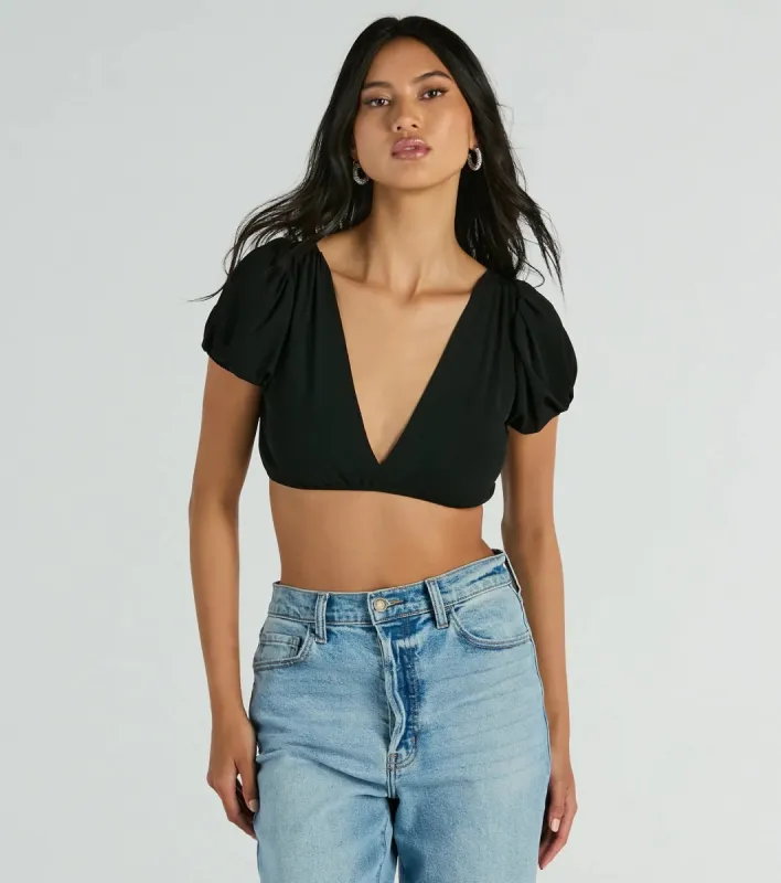 Adorable Allure Puff Sleeve Tie-Back Crop Top sold by Windsor