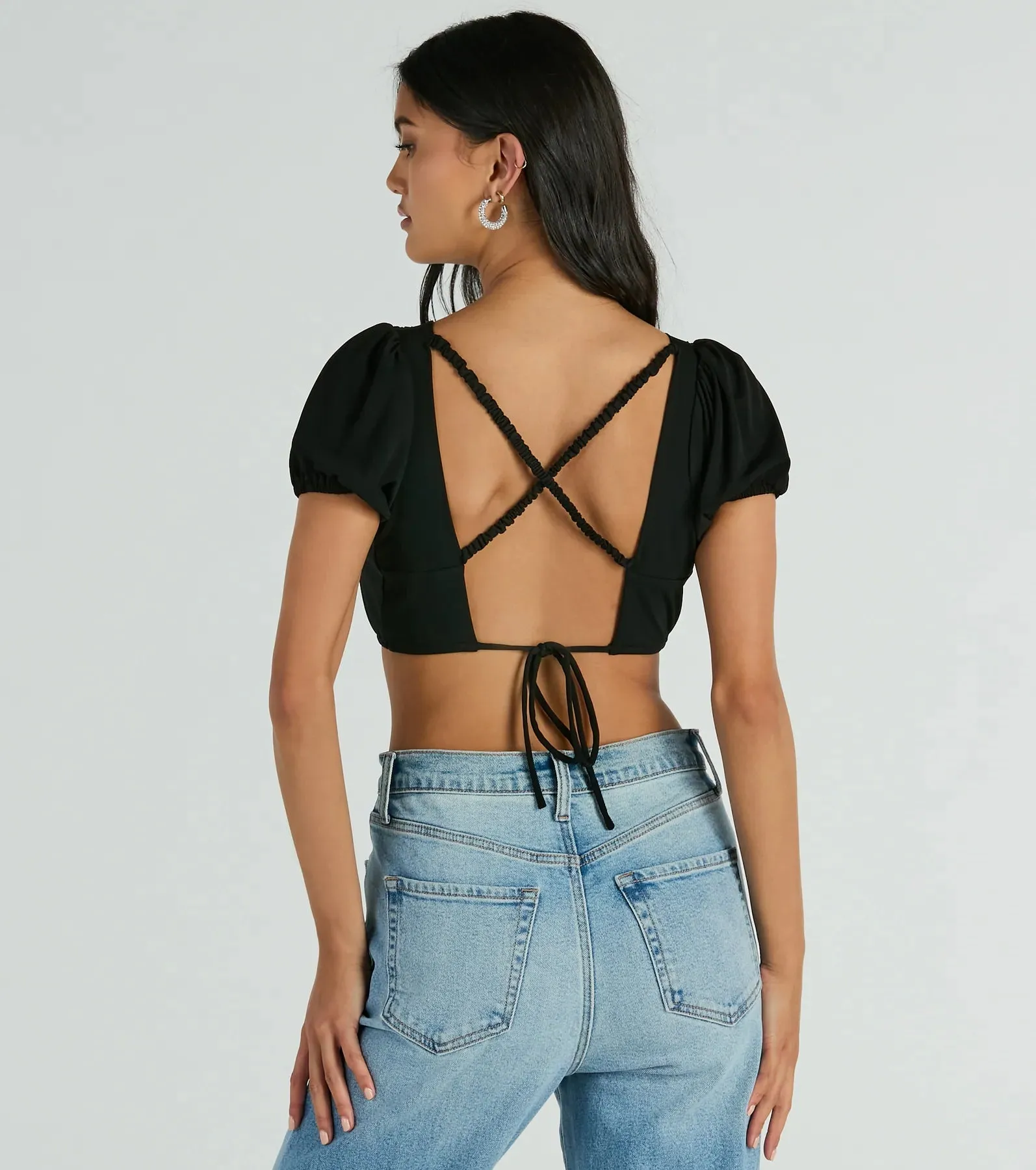 Adorable Allure Puff Sleeve Tie-Back Crop Top sold by Windsor product image thumbnail 2