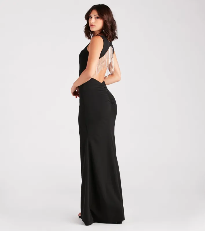 Bella Formal Crepe Rhinestone Open Back Dress sold by Windsor