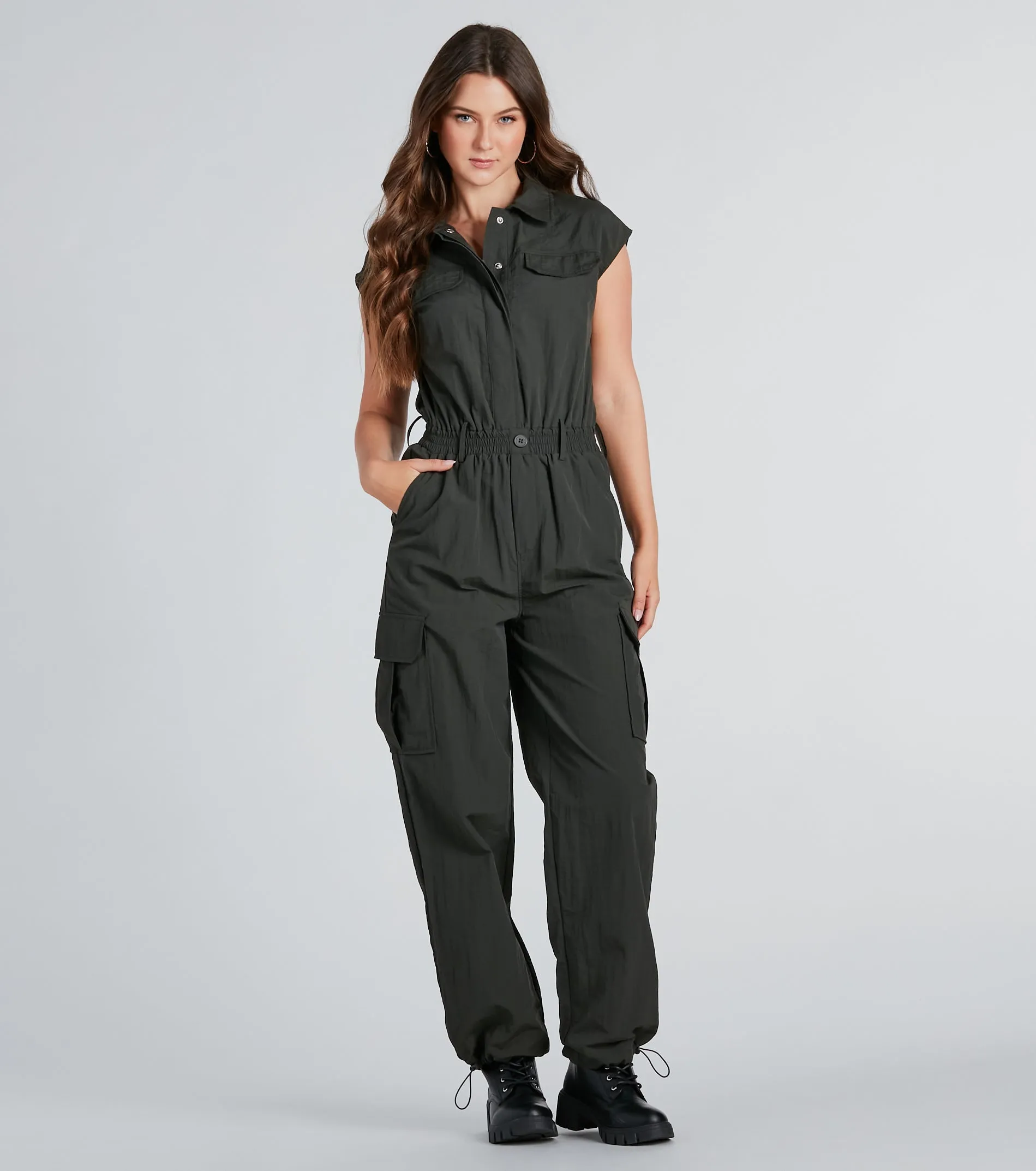 Street Style Sleeveless Cargo Jumpsuit sold by Windsor