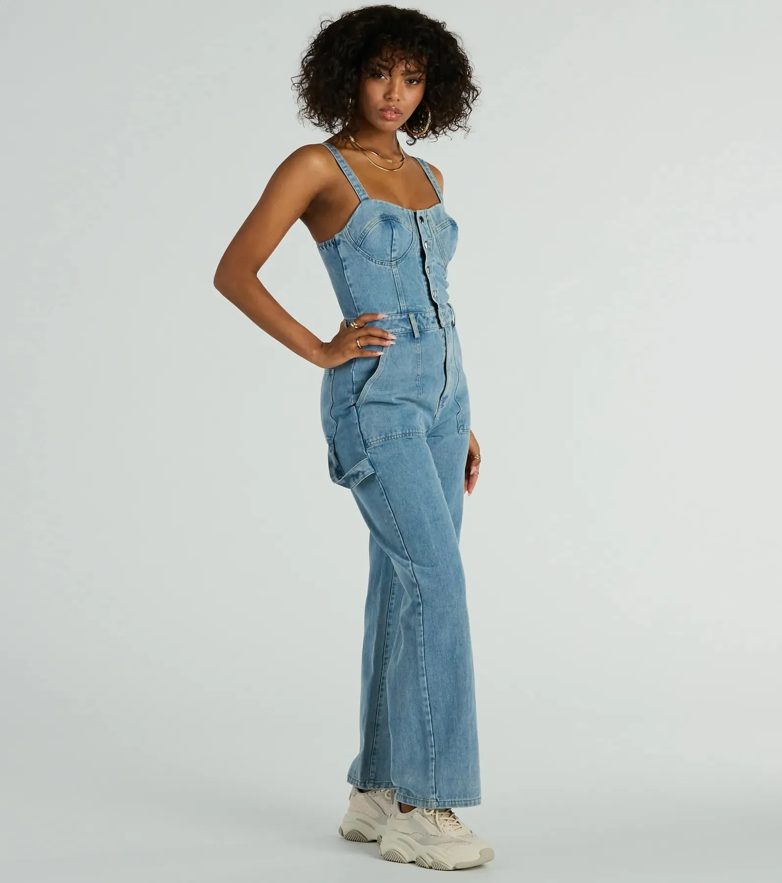 Trendy Perfection Button Up Wide Leg Denim Jumpsuit sold by Windsor product image thumbnail 5