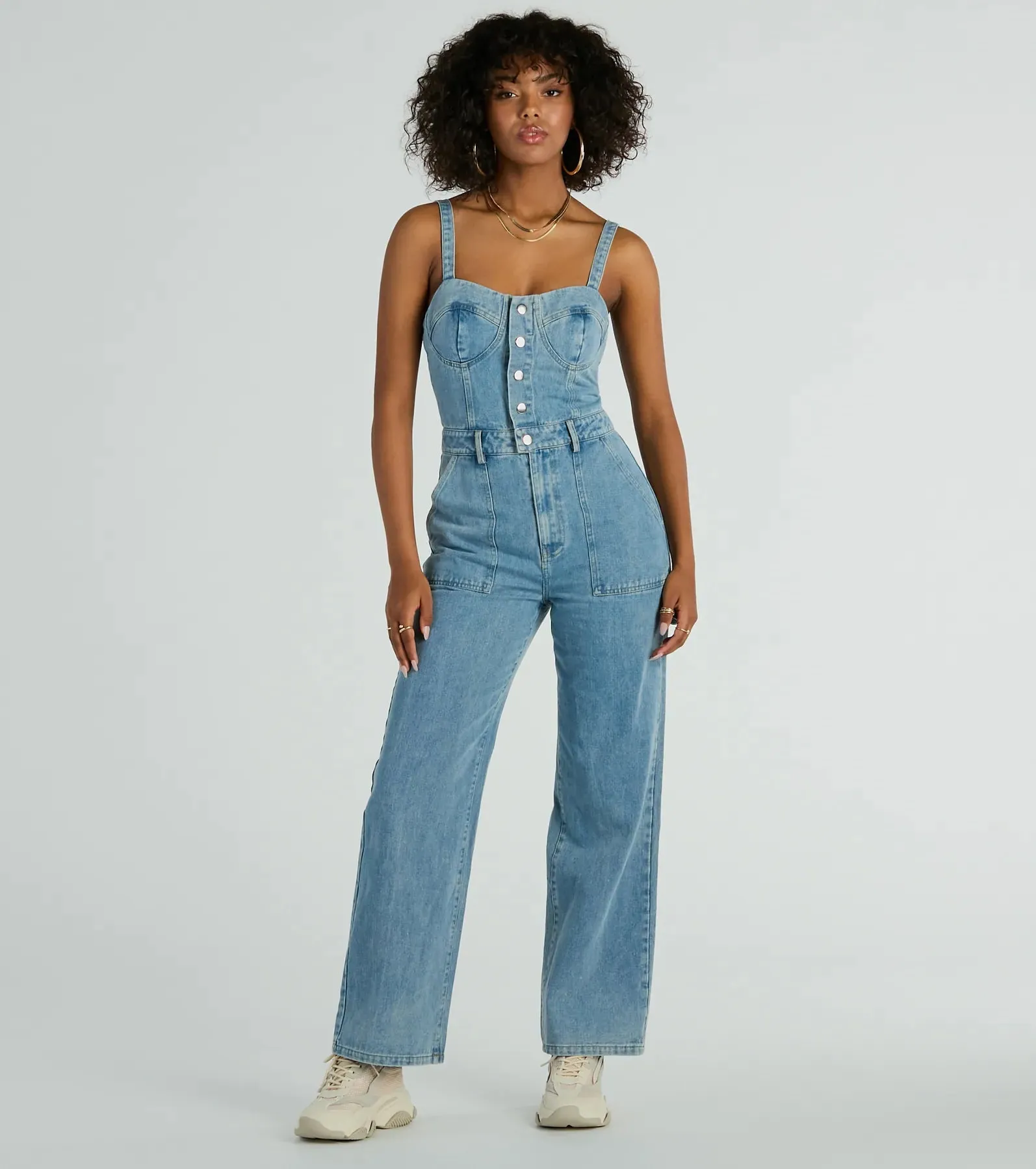 Trendy Perfection Button Up Wide Leg Denim Jumpsuit sold by Windsor