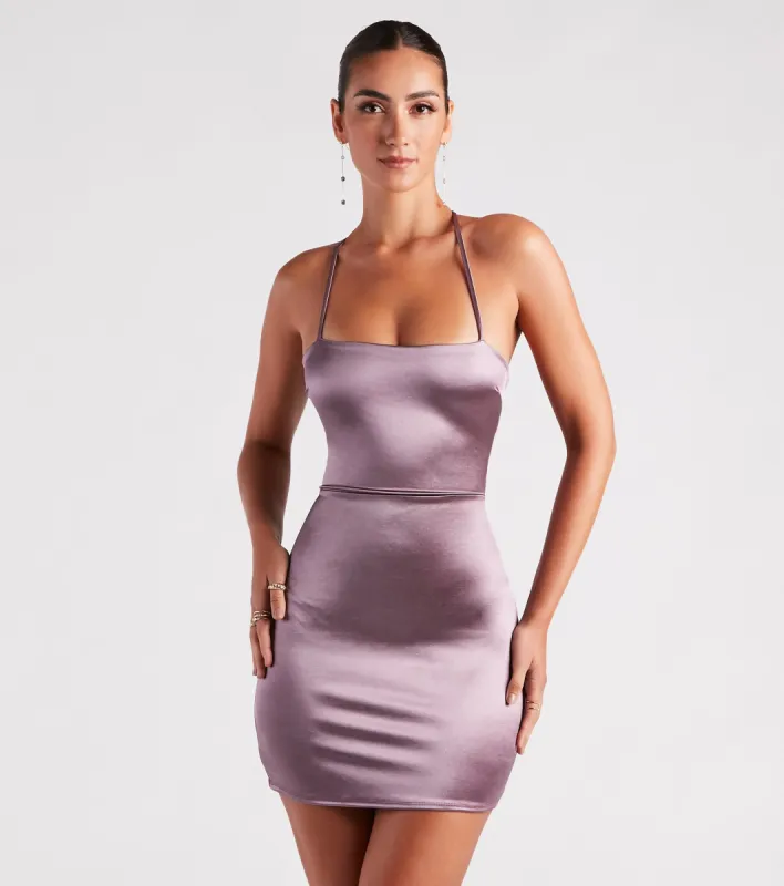 Sultry Midnight Vibes Satin Bodycon Mini Dress sold by Windsor