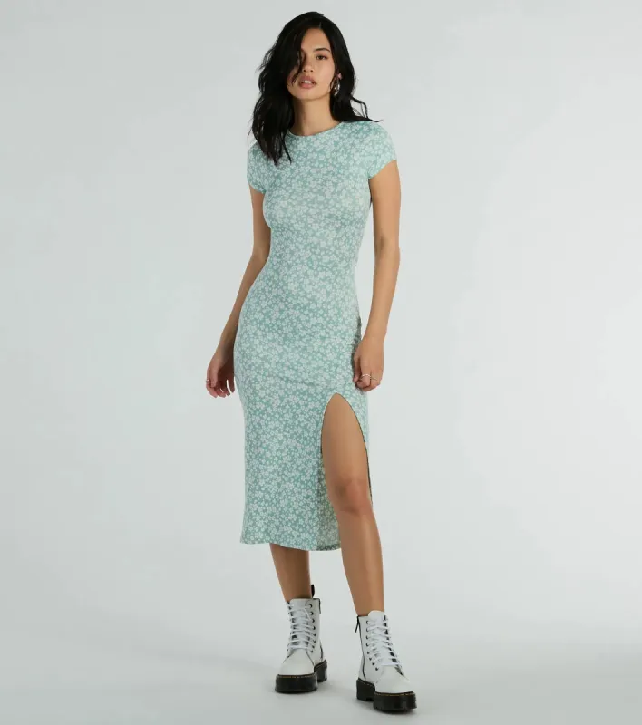 Spring Fling High Slit Ditsy Floral Knit Midi Dress sold by Windsor