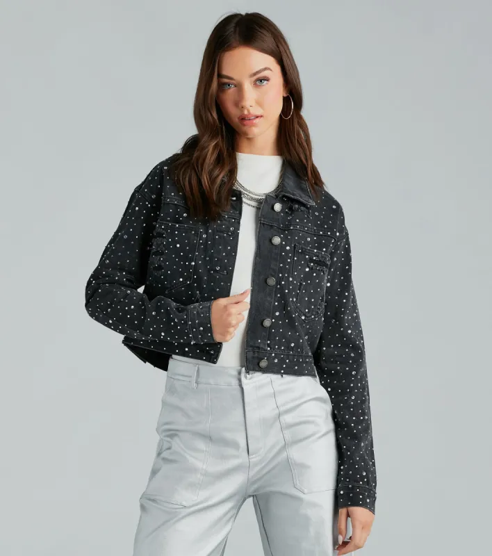 CLEARANCE - Casual Glamour Rhinestone Cropped Denim Jacket sold by Windsor