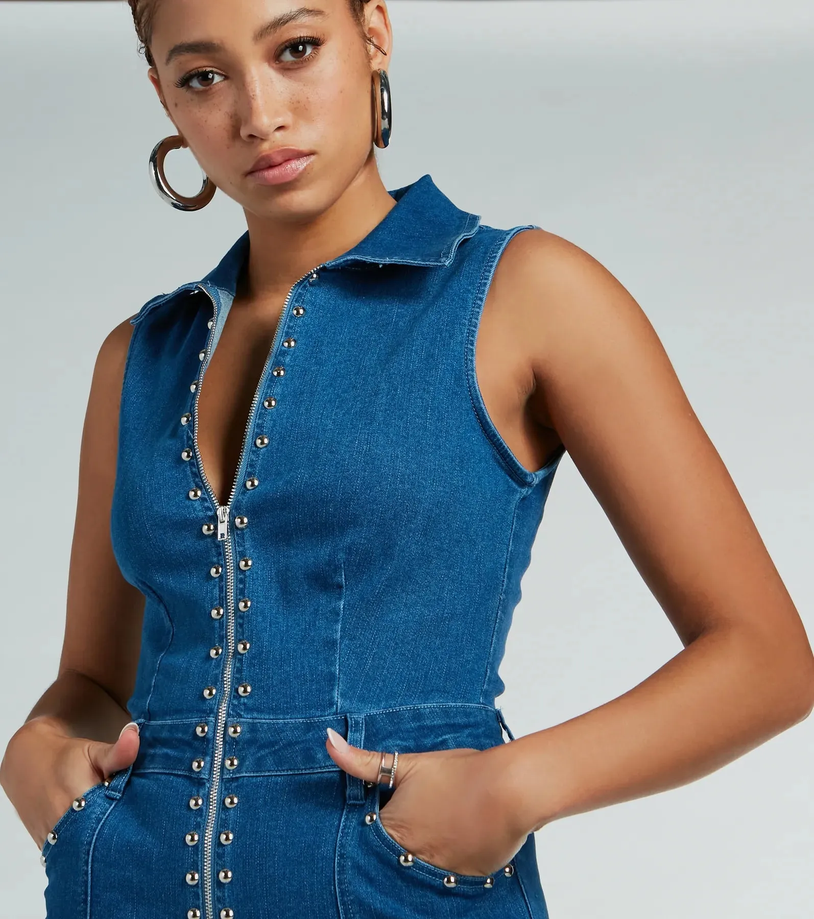 Retro Attitude Studded Flared-Leg Denim Jumpsuit sold by Windsor product image thumbnail 4