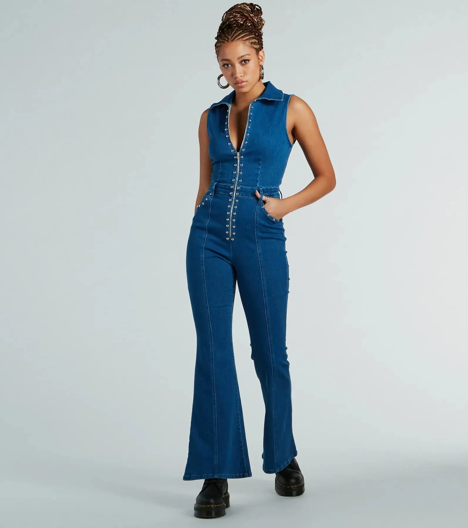 Retro Attitude Studded Flared-Leg Denim Jumpsuit sold by Windsor