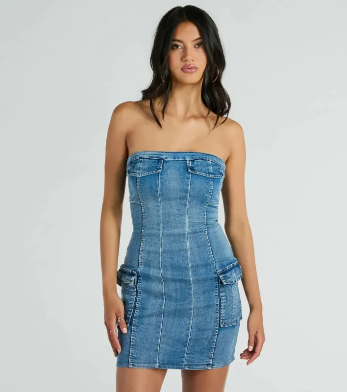 Trendy Girl Next Door Strapless Denim Mini Dress sold by Windsor