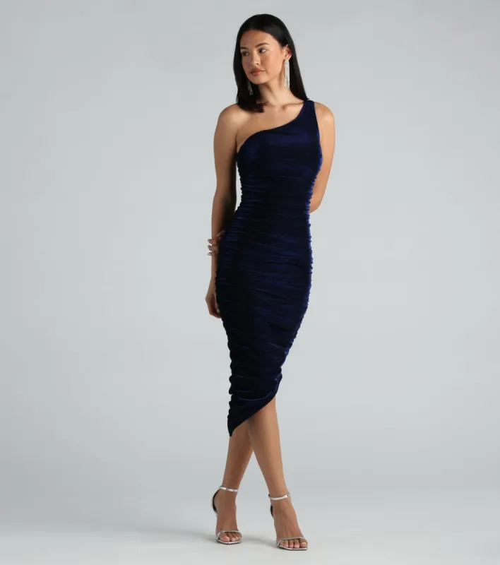 Sweet Temptation Metallic One Shoulder Midi Dress sold by Windsor