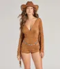 Country Babe Long Sleeve Fringe Faux Suede Romper sold by Windsor