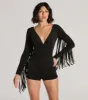Country Babe Long Sleeve Fringe Faux Suede Romper sold by Windsor